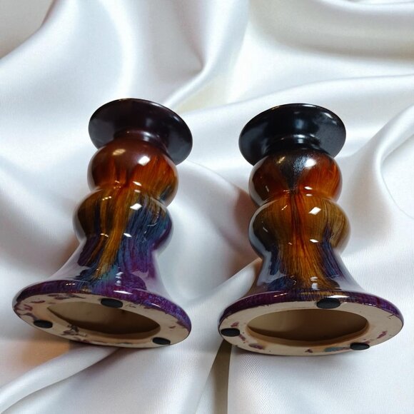 Vintage Set of Two Flambé Ceramic Candle Holders Pair Purple Blue Orange Pillars - Picture 5 of 10